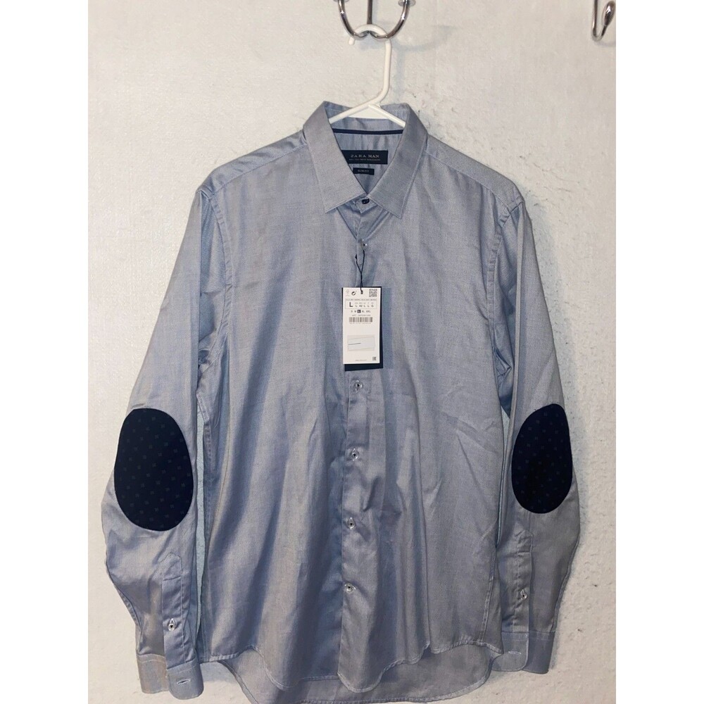 New Zara Men's Button Down Shirt Slim Fit Elbow Pads Blue Check Size Large